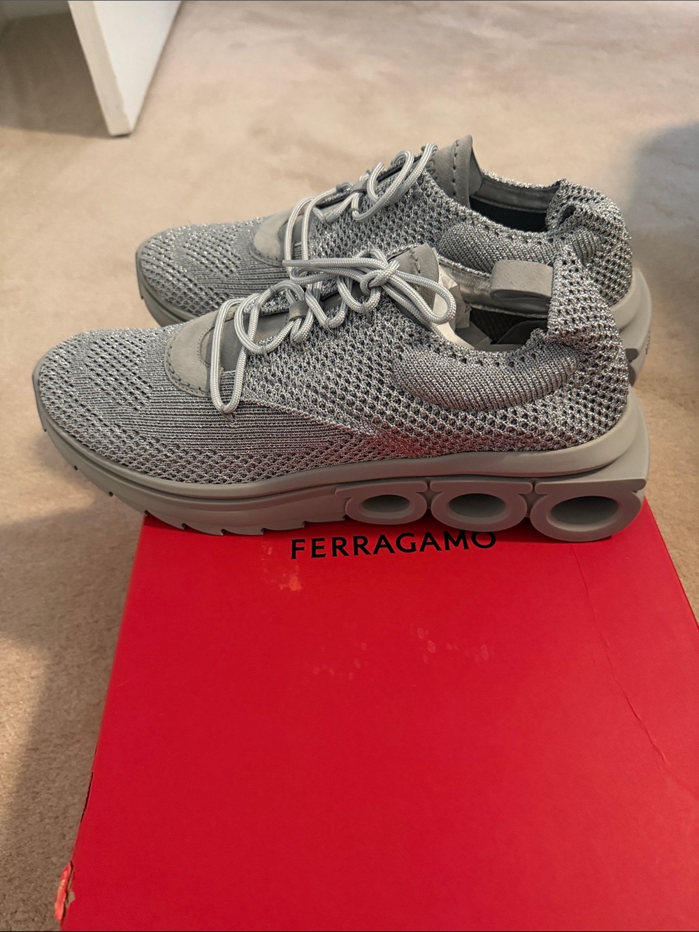 Salvatore Ferragamo Light Grey Knit Lace-Up Sneakers